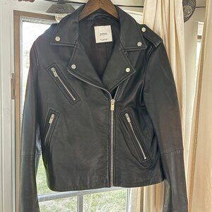 Mango Black Leather Moto Jacket LIKE NEW SHEEP LEATHER size Large